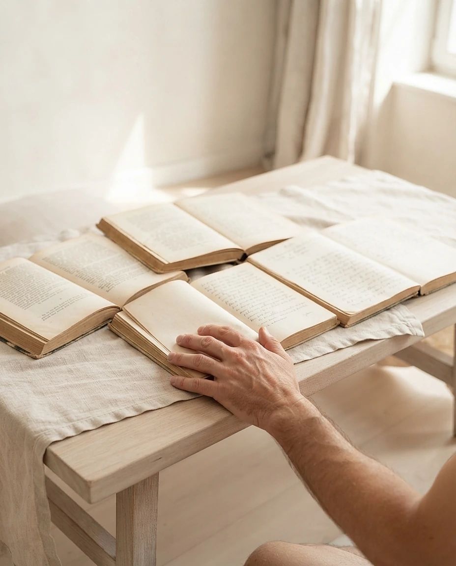 Mehrere alte, aufgeschlagene Bücher liegen nebeneinander auf einem Holztisch mit Leinentuch, die Hand eines Mannes ruht auf einer Seite.