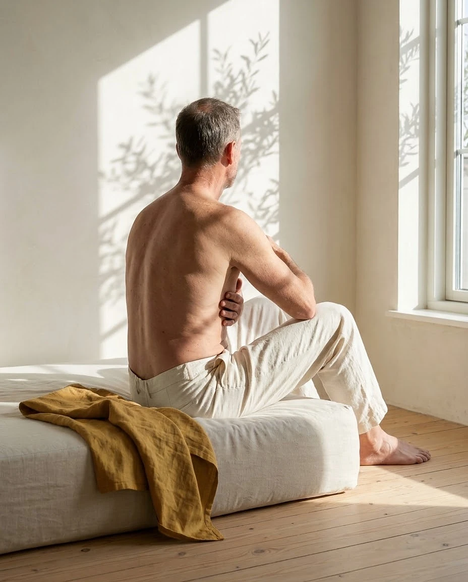 Ein Mann mit nacktem Oberkörper und heller Leinenhose sitzt, von hinten gesehen, am Rand einer Bodenmatratze und schaut zum sonnigen Fenster; neben ihm liegt ein senfgelbes Tuch.
