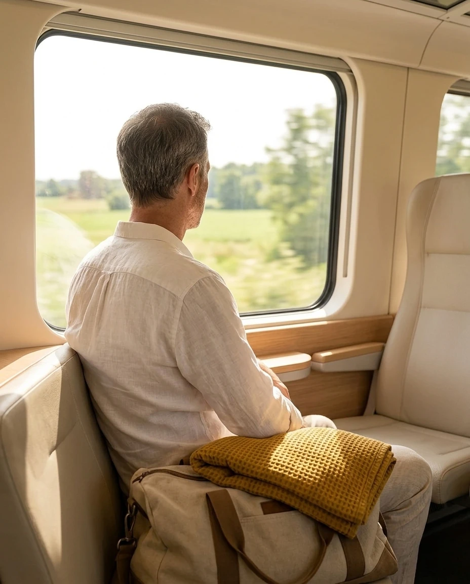 Ein Mann im Leinenhemd sitzt, von hinten gesehen, im Zug am Fenster und schaut hinaus in die sonnige Landschaft; auf seiner Reisetasche liegt ein senfgelbes Handtuch.