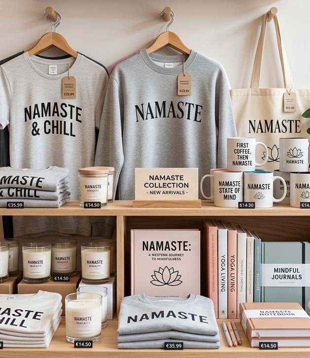 Namaste als Werbemittel auf Shirts, Tassen.