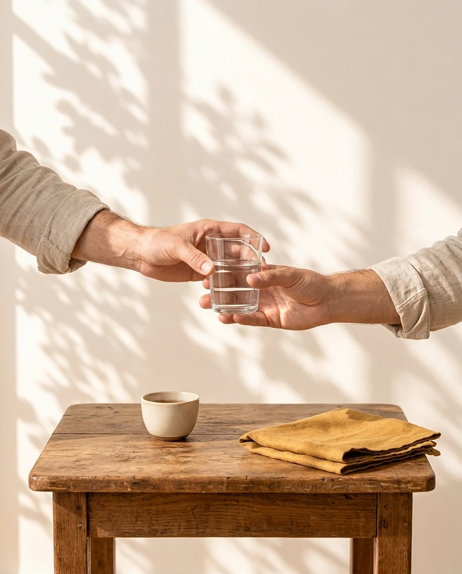 Über einem kleinen Holztisch reicht eine Hand einer anderen ein Glas Wasser; auf dem Tisch stehen eine Tasse Tee und ein senfgelbes Tuch.