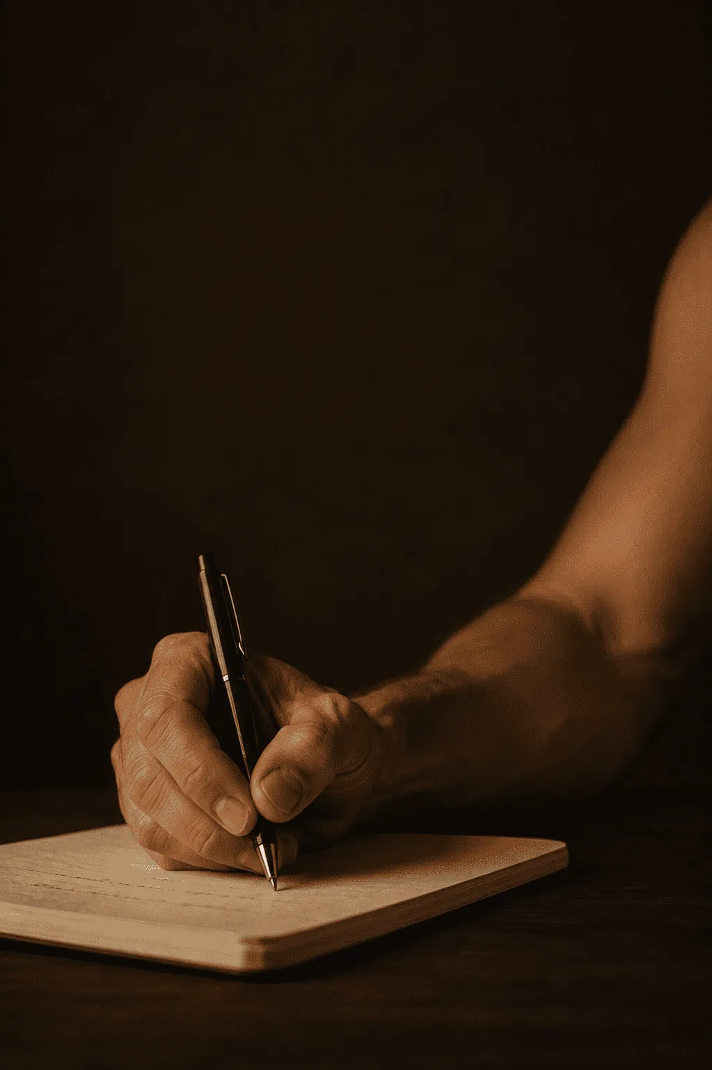 Nahaufnahme des Armes eines nackten Mannes, der einen Stift in der Hand hält und sich Notizen macht