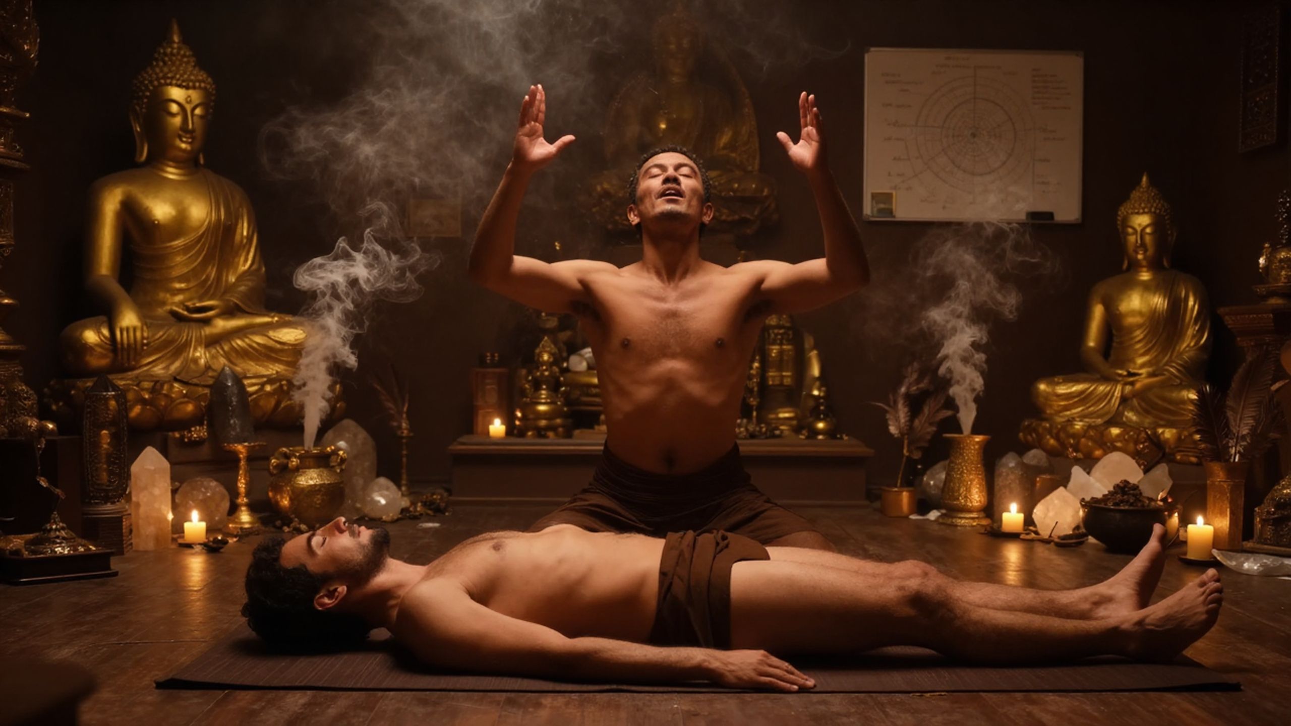 Zwei unbekleidete Männer umarmen sich innig in einer Gay-Tantra- und Body-to-Body-Massage.