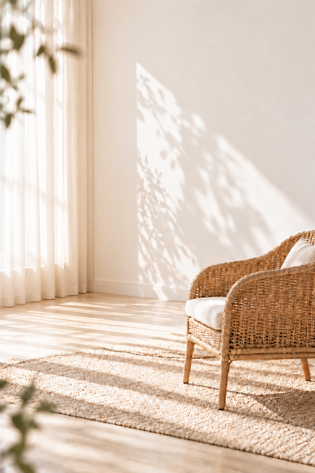Ein Korbsessel steht in einem hellen Raum mit Sonnenlicht und Schattenspiel an der Wand.