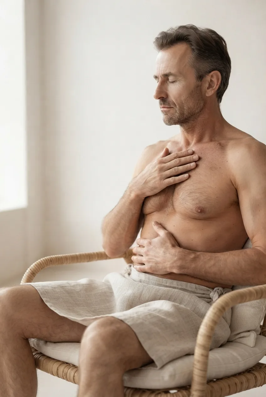 Ein Mann sitzt mit geschlossenen Augen in einem Korbsessel und legt die Hände auf Brust und Bauch.